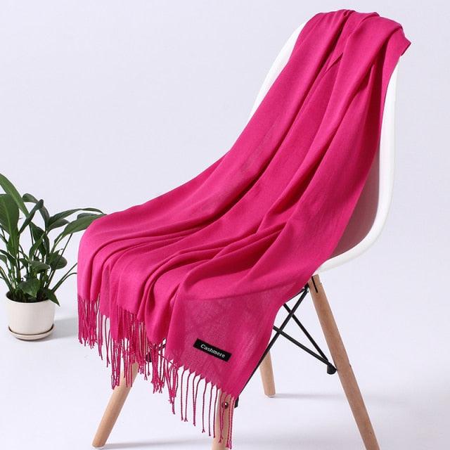 Luxury Fashion Winter Solid Colorful Soft Scarf Hijabs Tassels Long Warm Shawls Hijabs Lightweight Scarfs Scarves Cashmere Elegant Hijabs Scarves Wraps For Women