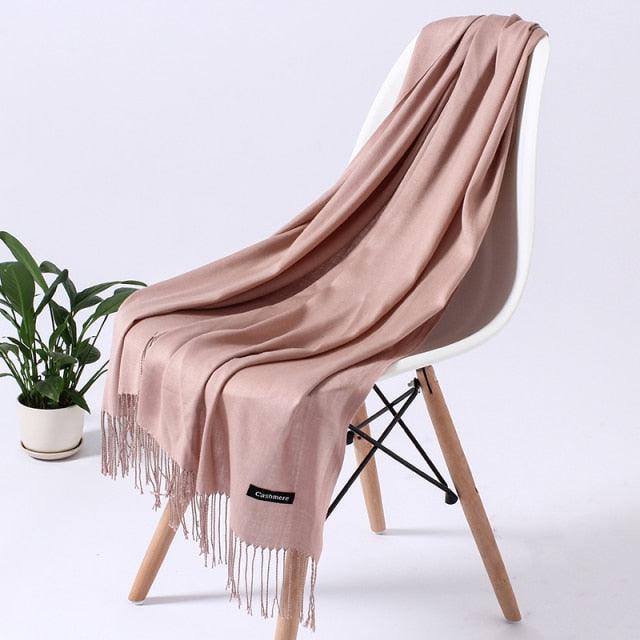 Luxury Fashion Winter Solid Colorful Soft Scarf Hijabs Tassels Long Warm Shawls Hijabs Lightweight Scarfs Scarves Cashmere Elegant Hijabs Scarves Wraps For Women