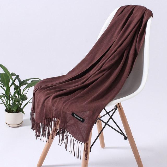 Luxury Fashion Winter Solid Colorful Soft Scarf Hijabs Tassels Long Warm Shawls Hijabs Lightweight Scarfs Scarves Cashmere Elegant Hijabs Scarves Wraps For Women