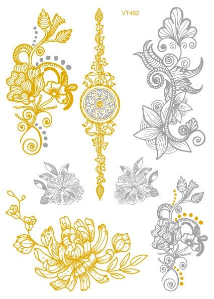 Luxury Metallic Temporary Tattoo Gold Silver Flower Sticker Long Lasting Gold Design For Womens