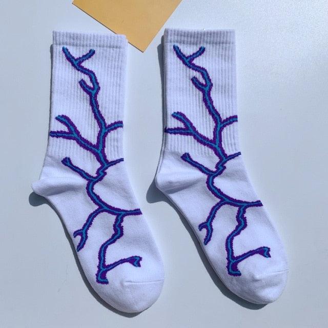 Marble Print Style Harajuku Skateboard Long Socks Creative Fun Lightning Hip Hop Style Socks Streetwear Casual Cotton Socks Unisex Street Couple Socks For Men And Women