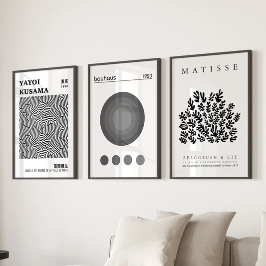 Black White Kusama, Matisse, Bauhaus Posters. Art Set of 3
