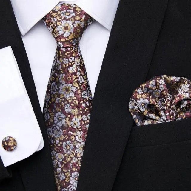 Men Elegant Red Silk Tie Classic Necktie Cufflinks Set Business Necktie With Handkerchief Perfect Match With Wedding Suit