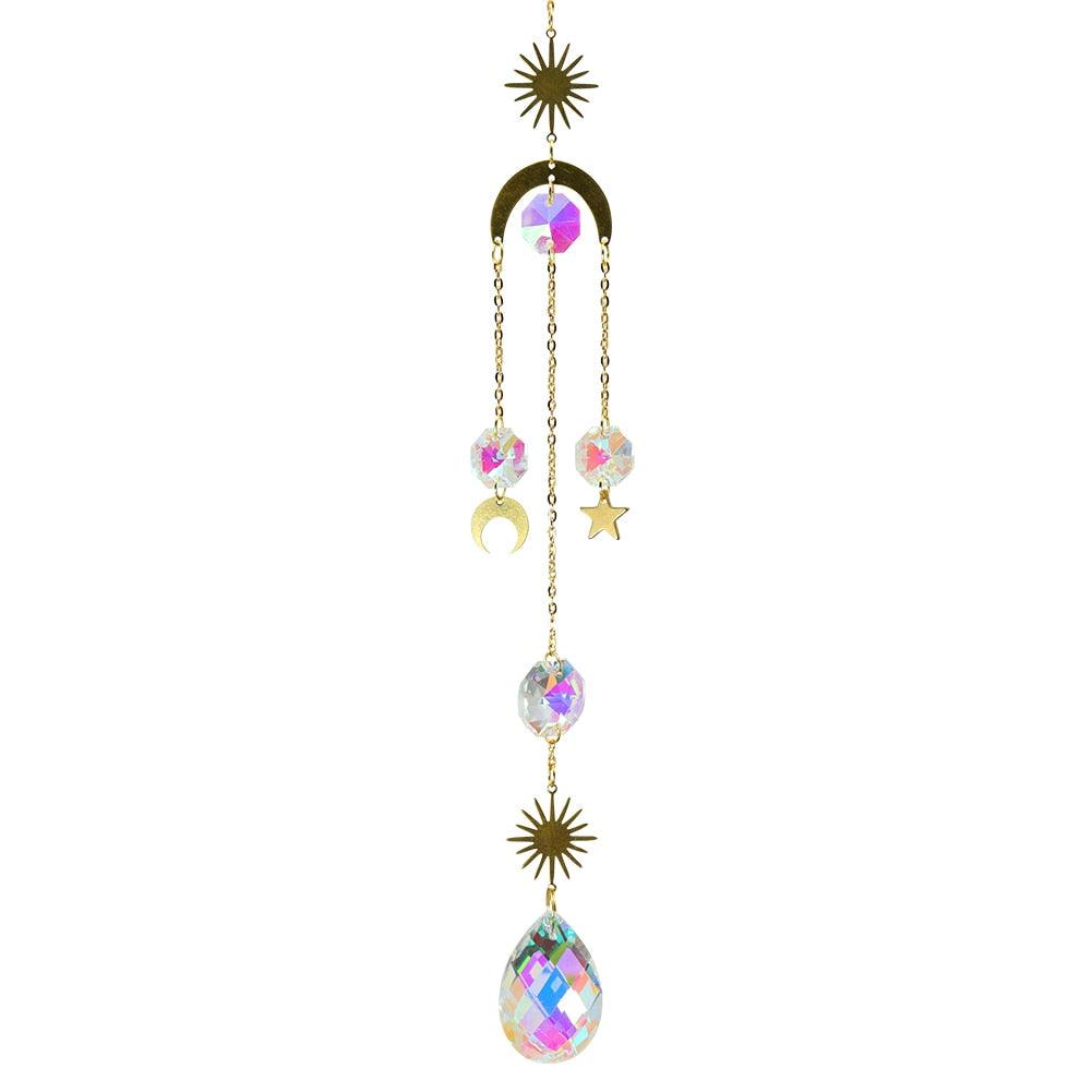 Metallic Hoop Moon Sun Catcher Hanging Crystal Pendant Chandelier Lamps Light Crystals Glass Pendants Light Rainbow Maker Wind Chime Hanging Drop Gift of Good Luck Garden Decor Hanging Ornament For Home Decoration