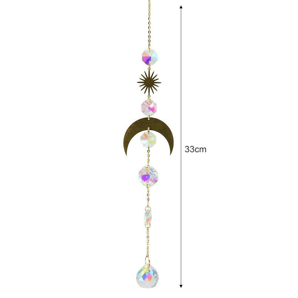 Metallic Hoop Moon Sun Catcher Hanging Crystal Pendant Chandelier Lamps Light Crystals Glass Pendants Light Rainbow Maker Wind Chime Hanging Drop Gift of Good Luck Garden Decor Hanging Ornament For Home Decoration