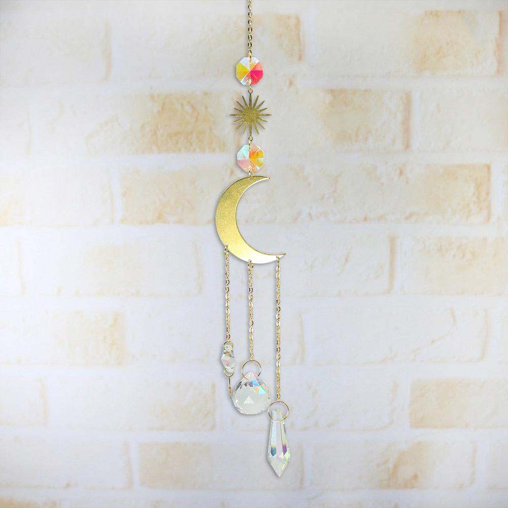 Metallic Hoop Moon Sun Catcher Hanging Crystal Pendant Chandelier Lamps Light Crystals Glass Pendants Light Rainbow Maker Wind Chime Hanging Drop Gift of Good Luck Garden Decor Hanging Ornament For Home Decoration