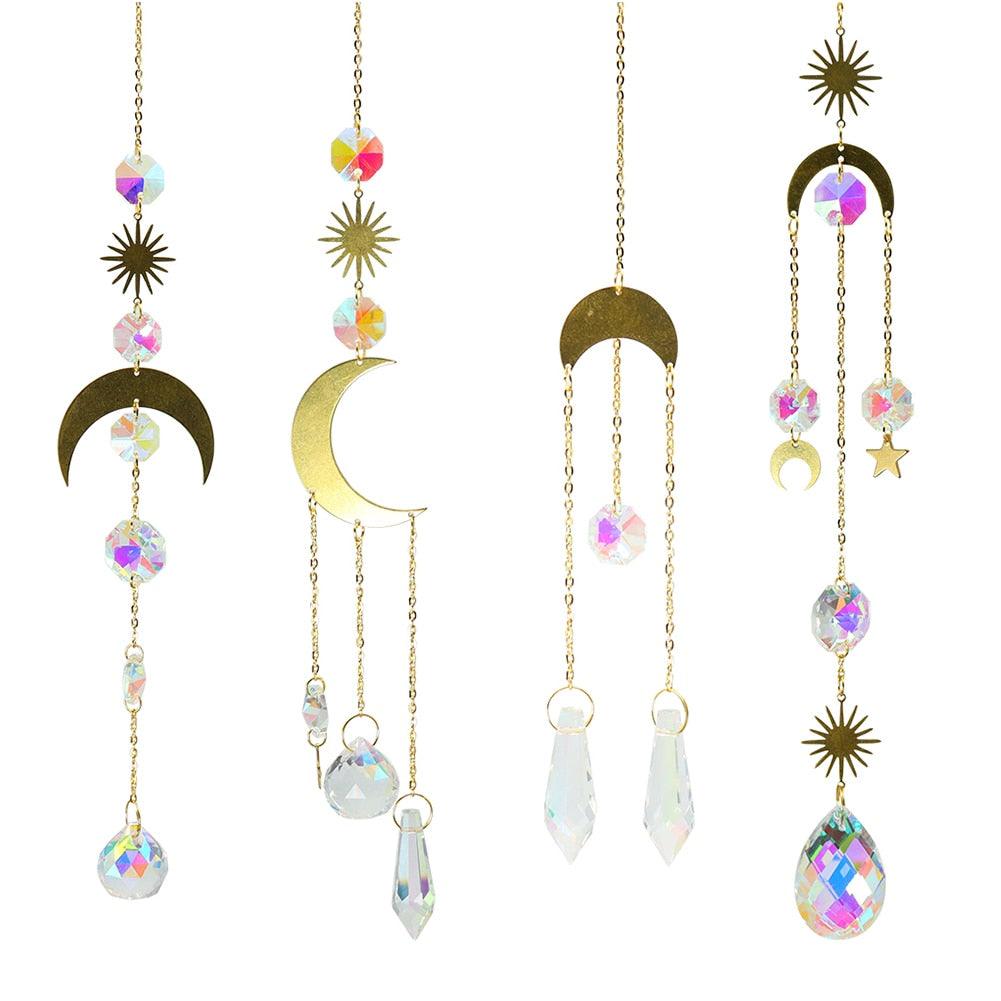 Metallic Hoop Moon Sun Catcher Hanging Crystal Pendant Chandelier Lamps Light Crystals Glass Pendants Light Rainbow Maker Wind Chime Hanging Drop Gift of Good Luck Garden Decor Hanging Ornament For Home Decoration
