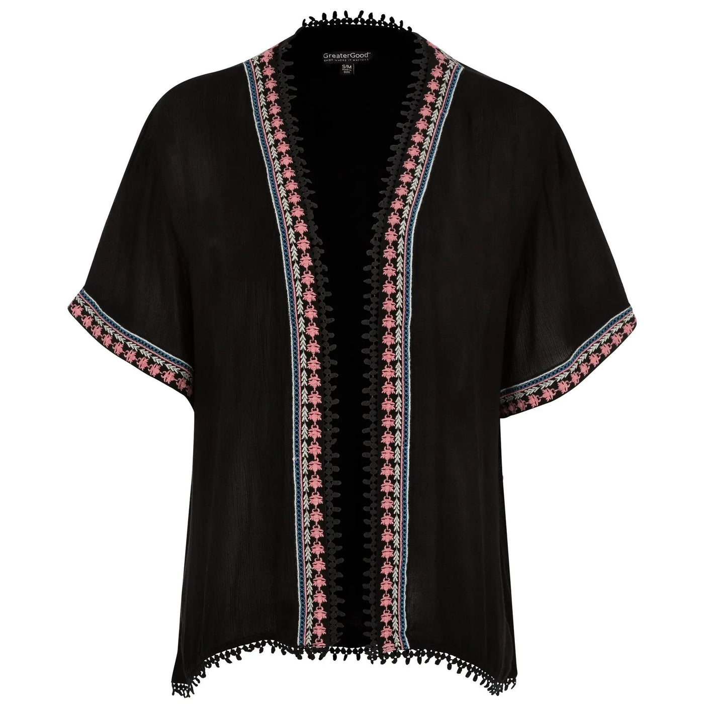 Black embroidered open-front cardigan with pink and white patterned trim along neckline sleeves and hem