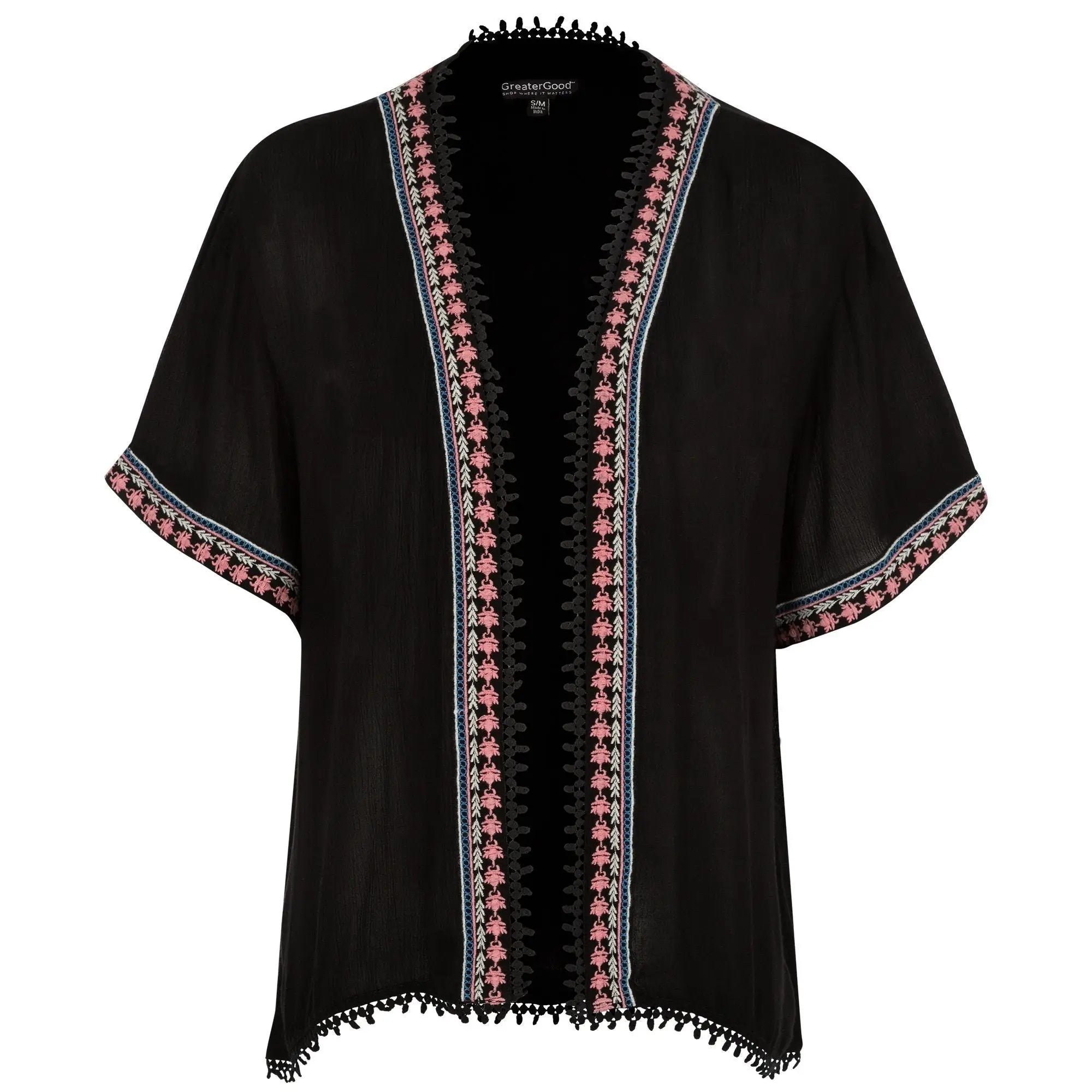 Black embroidered open-front cardigan with pink and white patterned trim along neckline sleeves and hem