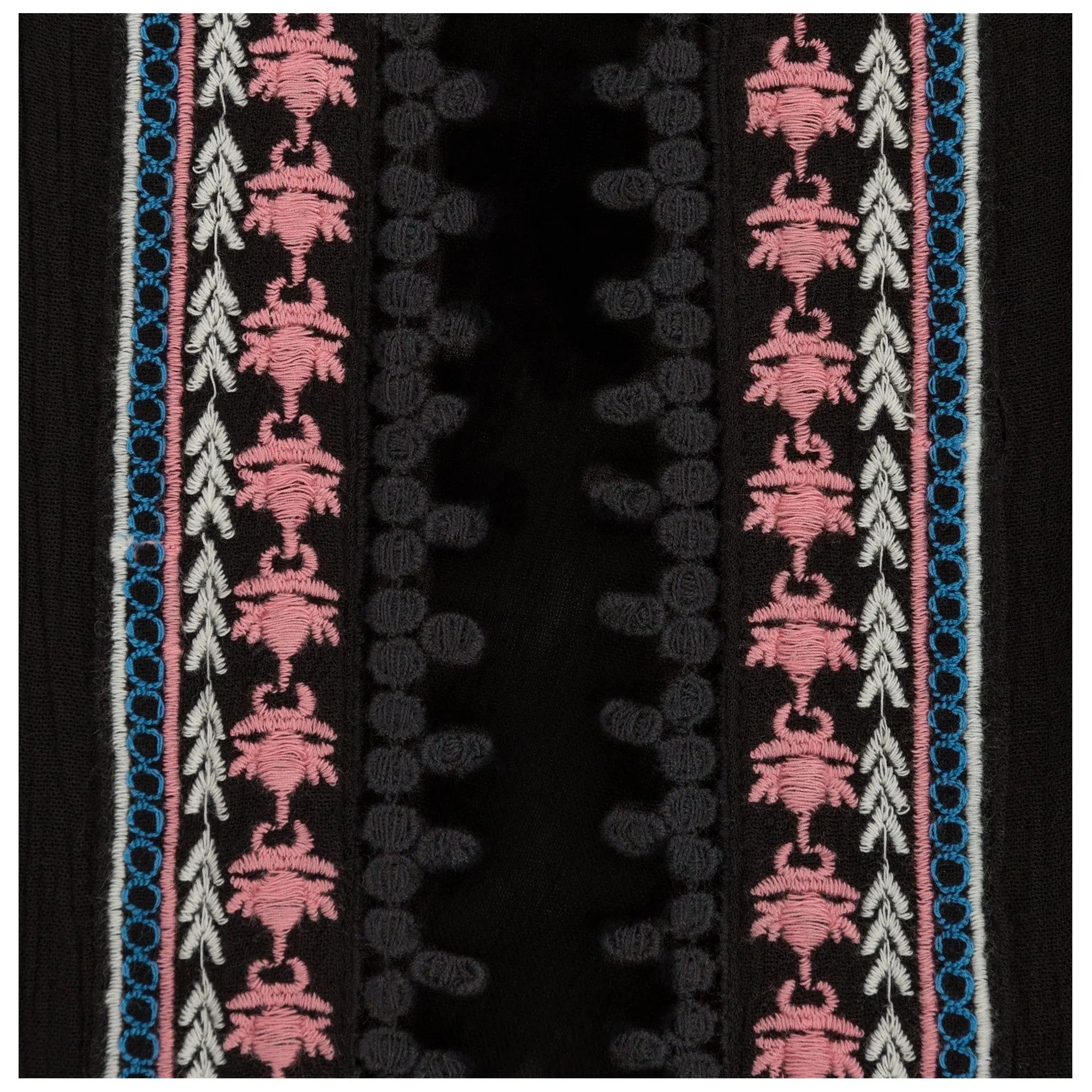 Midnight muse open-front cardigan in black with intricate pink white embroidery and blue border accents