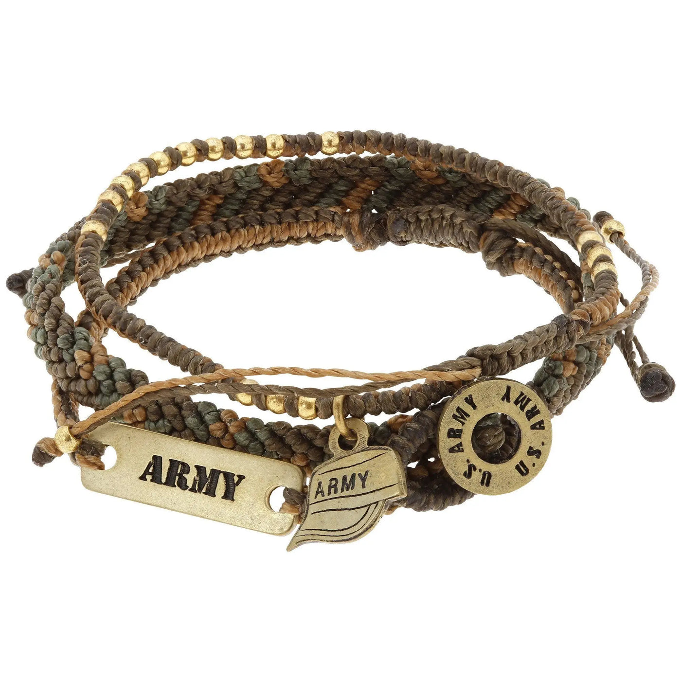 Military hat woven bracelet trio with brown and green macrame and brass-colored army and U S engraved charms