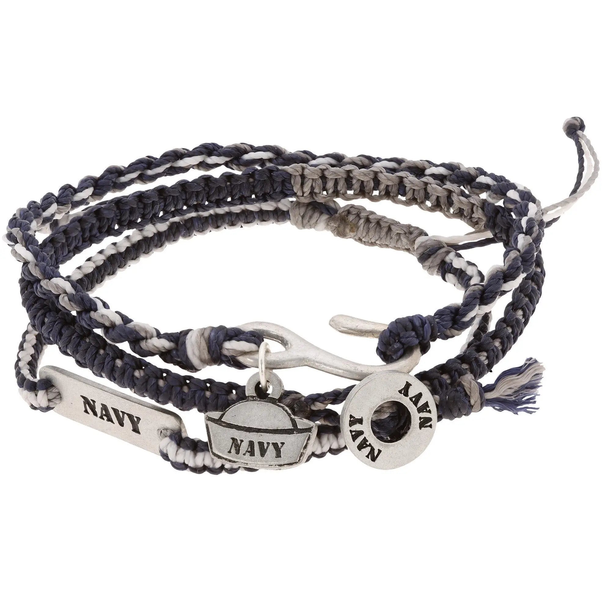 Military hat woven bracelet trio with navy-themed dark blue gray and white braided cords and silver-toned engraved charms
