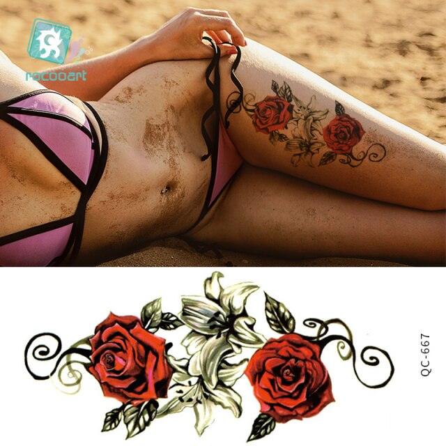 Modern Waterproof Red Flowers Tattoo Multi-Colored Stickers Back Waist Temporary Tattoo Luxury Style
