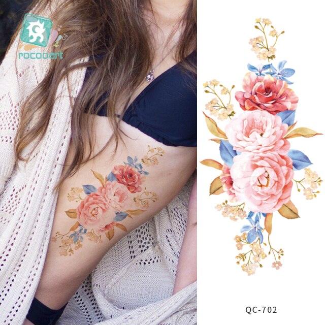 Modern Waterproof Red Flowers Tattoo Multi-Colored Stickers Back Waist Temporary Tattoo Luxury Style
