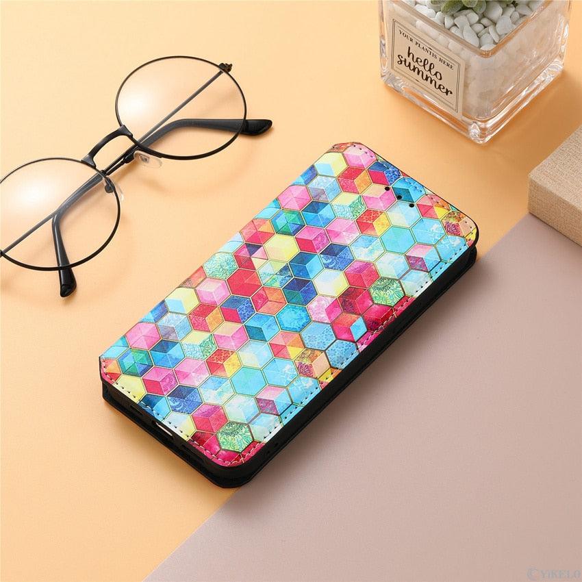 Multicolored Phone Case For iPhone 13 12 11 Pro Mini Cover Wallet Card Slot Flip Magnetic Leather PU Leather Flip Wallet Cover with Card Slots Case Cover