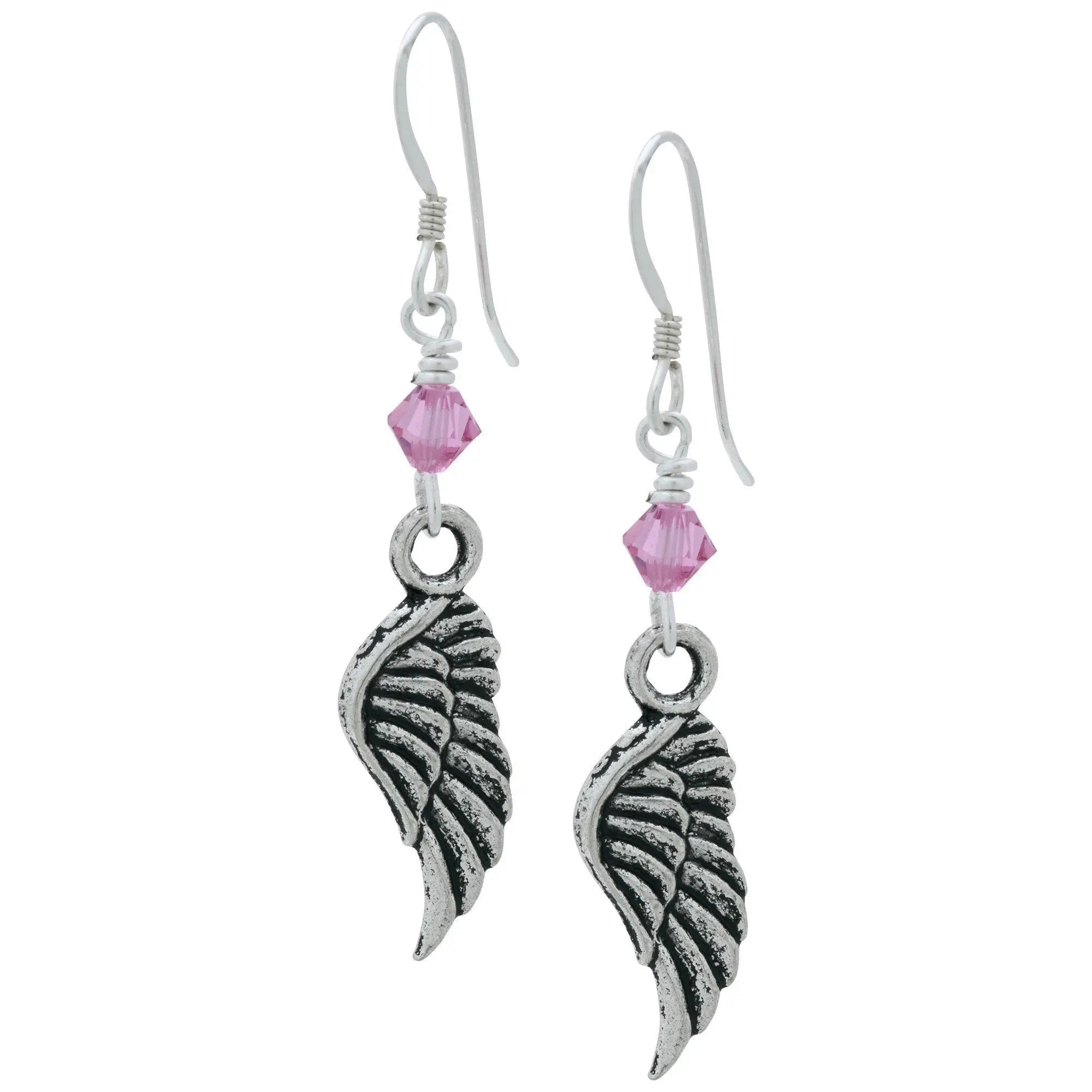 Silver angel wing earrings with pink crystal accents delicate and elegant design for everyday wear