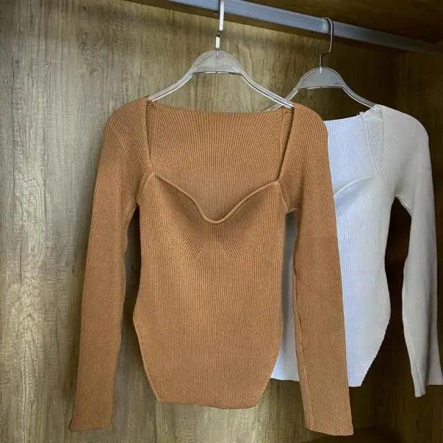 New Casual And Trendy Square Collar Long Sleeve Woman's Sweaters Knitted Pullover Spring Autumn Sweater Winter Tops For Women Black And White Jumper