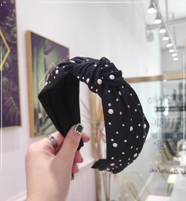 New Fashion Girls Headband Handmade Shining Pearls Rhinestone Ornament Hairband Women Middle Knot Turban Gorgeous Hair Accessories For Women