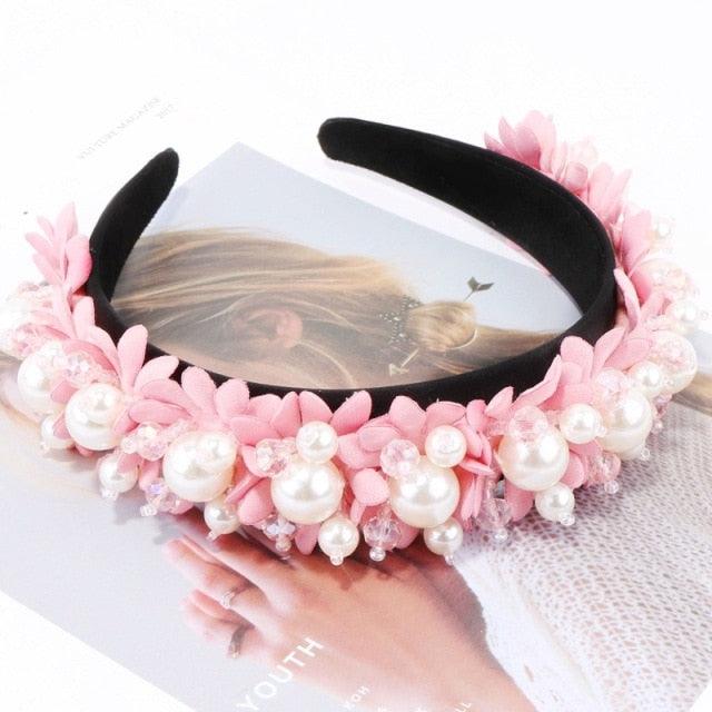 Flower Pearl Headbands Crystal Beads Embellishment Wide Hairbands Women Wedding Party Crown Tiara Gorgeous Hair Accessories For Women