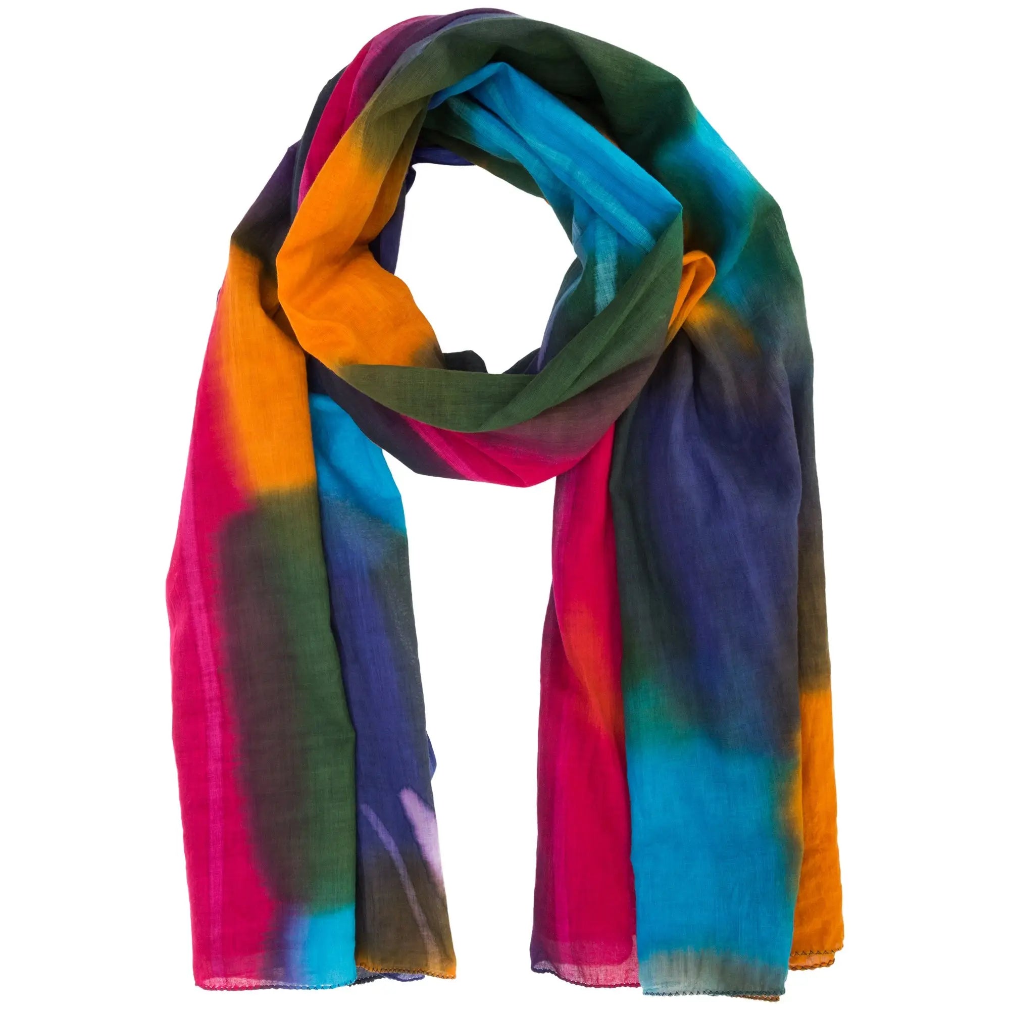 A vibrant northern lights cotton scarf made of flowing silk with tie-dye gradients of pink orange teal and blue