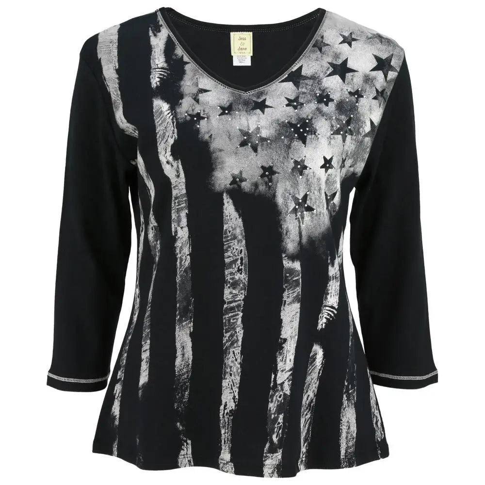 Black long-sleeved Old Glory baby rib top with distressed american flag print and star embellishments
