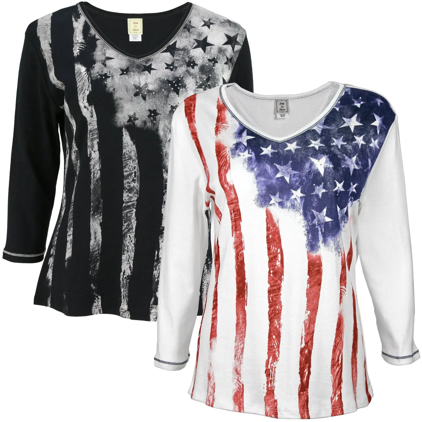Old glory baby rib top long-sleeved v-neck in black and white with distressed american flag stripes stars and glitter accents