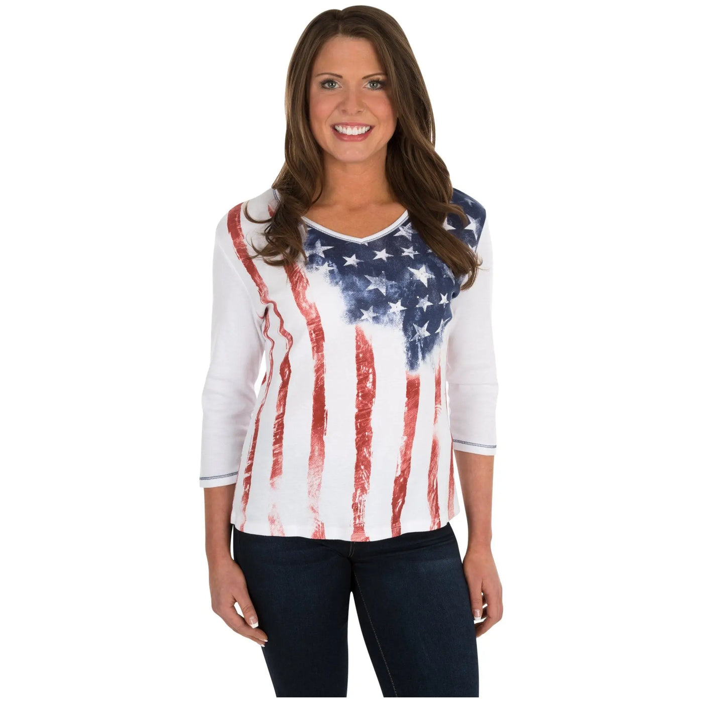 Old Glory Baby Rib top featuring a distressed American flag design in red white and blue with three-quarter sleeves