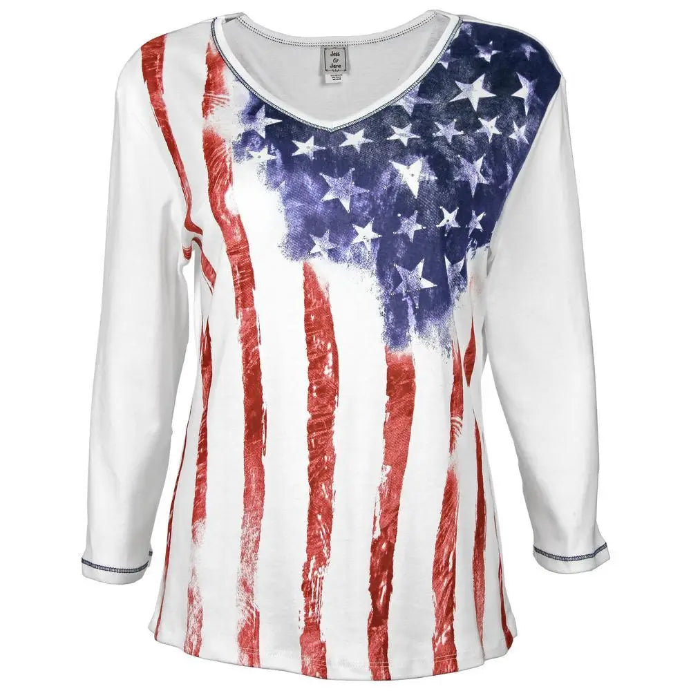 White long-sleeved Old Glory baby rib top with distressed American flag design in red white and blue colors