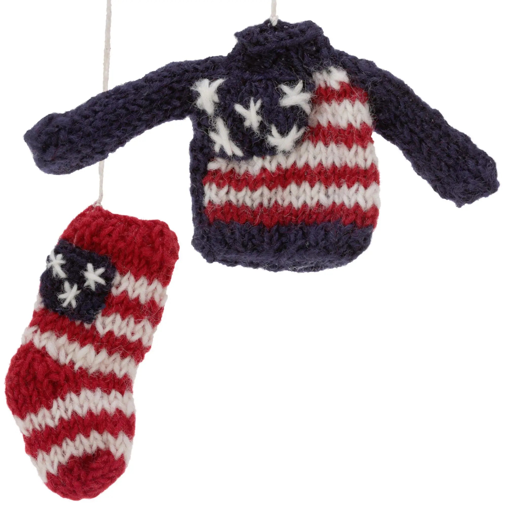 Knitted american flag themed sweater ornament in navy red and white as part of old glory sweater and stocking ornaments set of 2