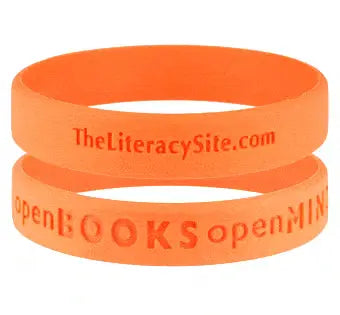 Orange silicone bracelet embossed with theliteracysite.com and openbooks openmind for literacy support