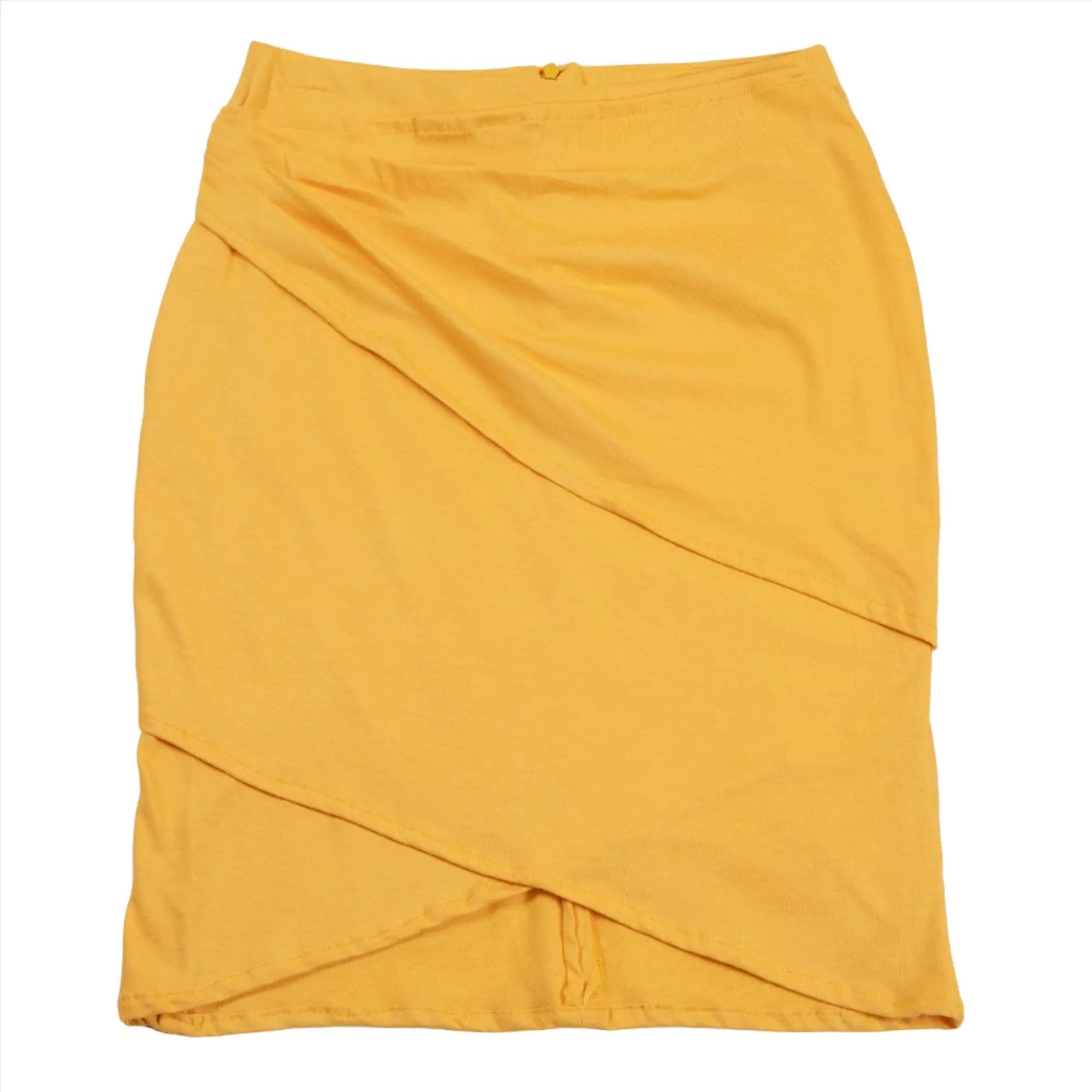 A mustard yellow organic layered pencil skirt with draped asymmetrical design and concealed waist zipper