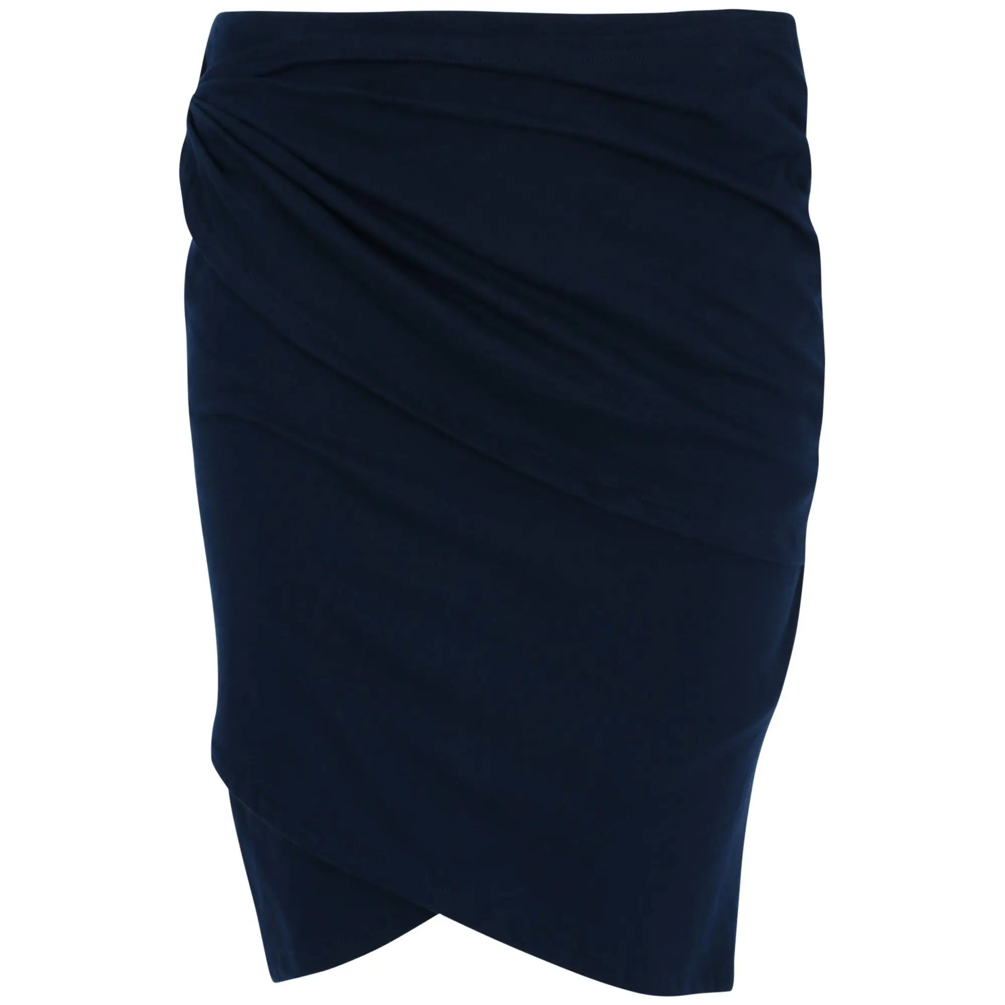 Organic layered pencil skirt in navy blue with a sleek draped silhouette and asymmetrical hemline