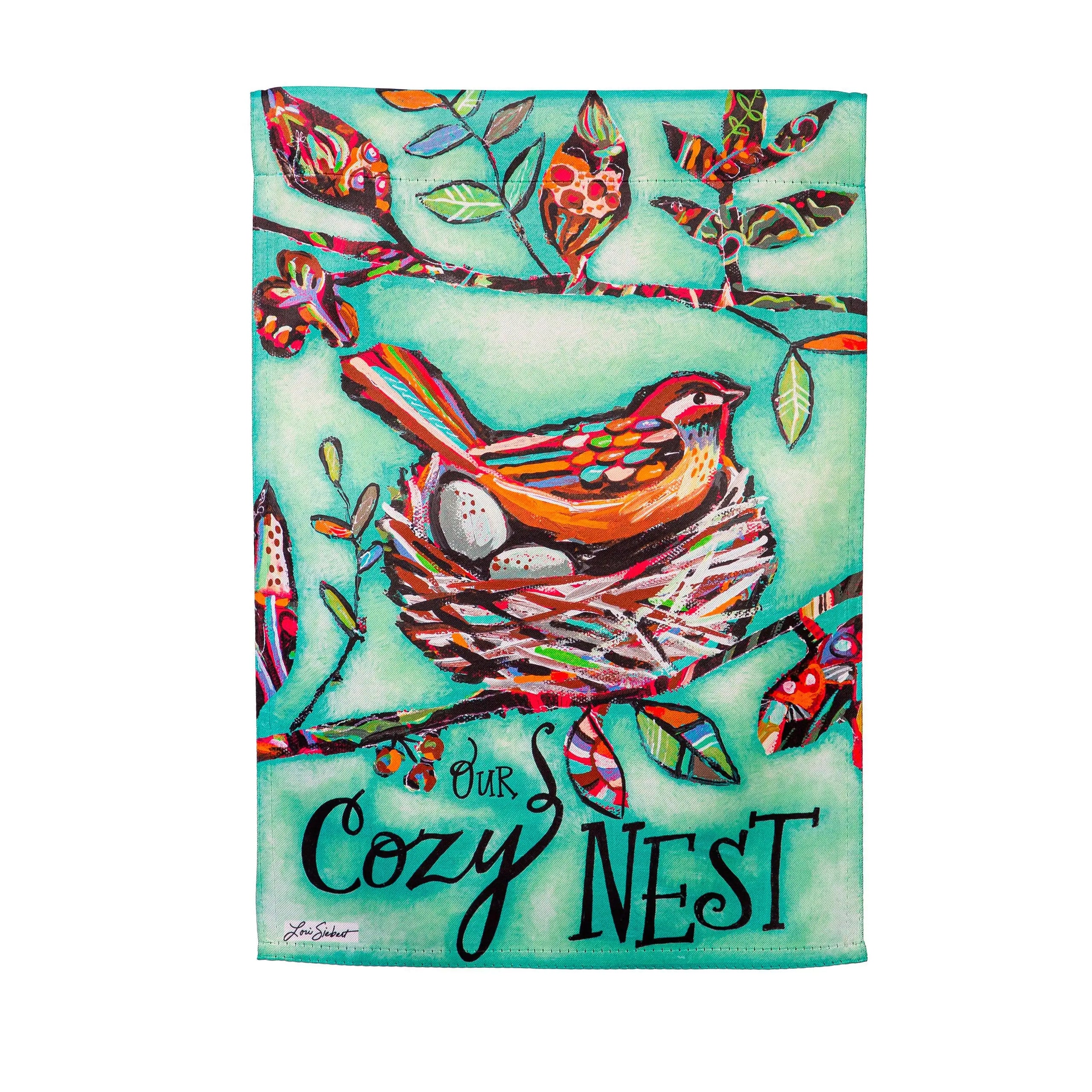 Our Cozy Nest suede house flag with a vibrant turquoise background features a colorful bird in a woven nest with eggs
