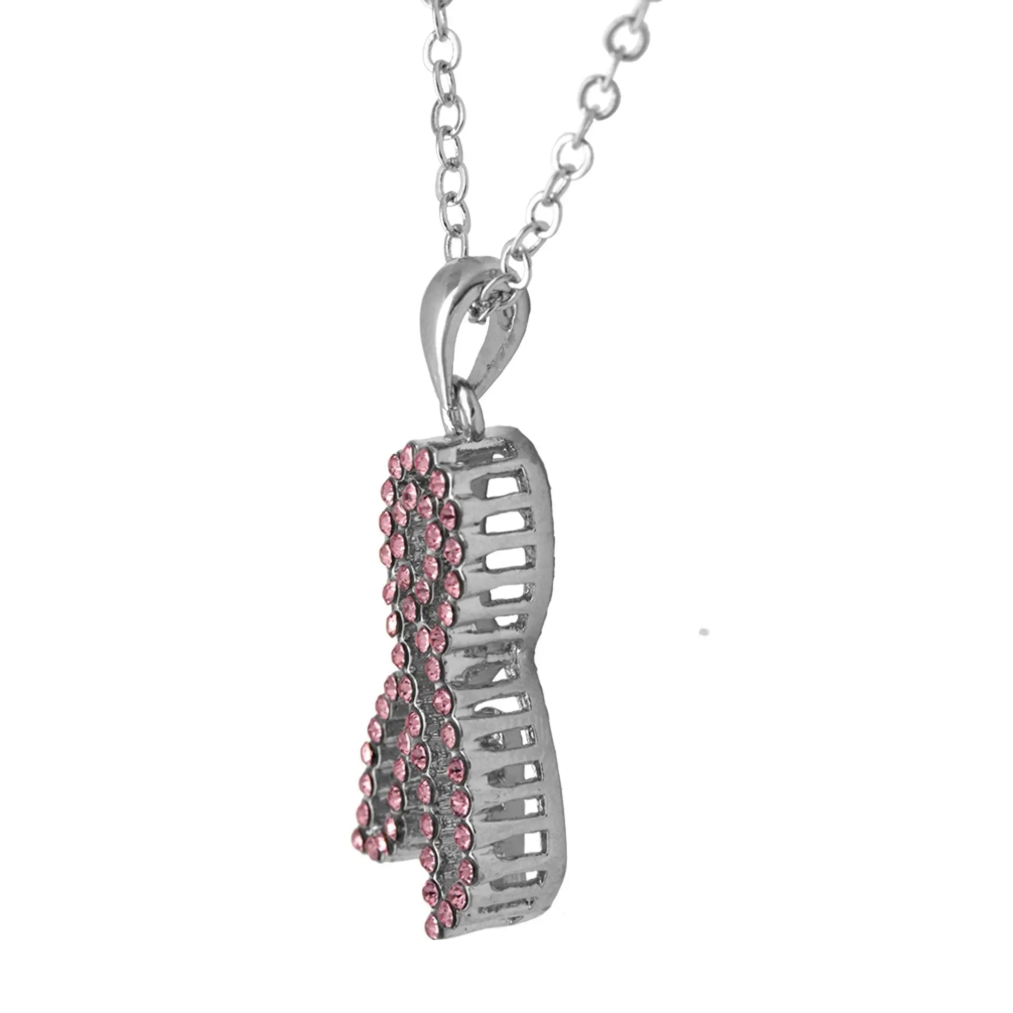 Silver necklace with a pink ribbon pendant adorned with sparkling rhinestones in the outstanding crystal design