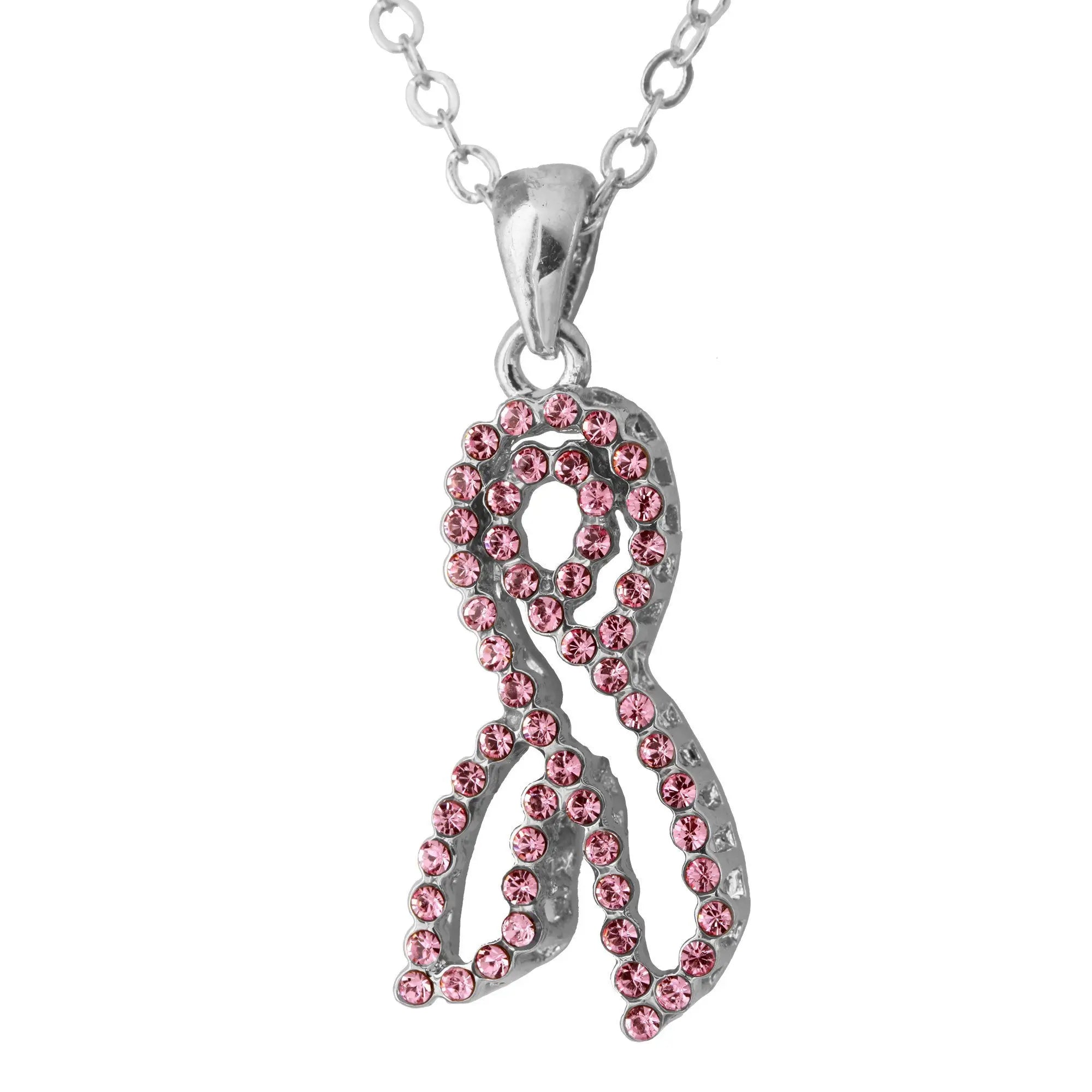 Silver pendant necklace shaped like a pink ribbon with sparkling rhinestones in outstanding crystal pink ribbon design
