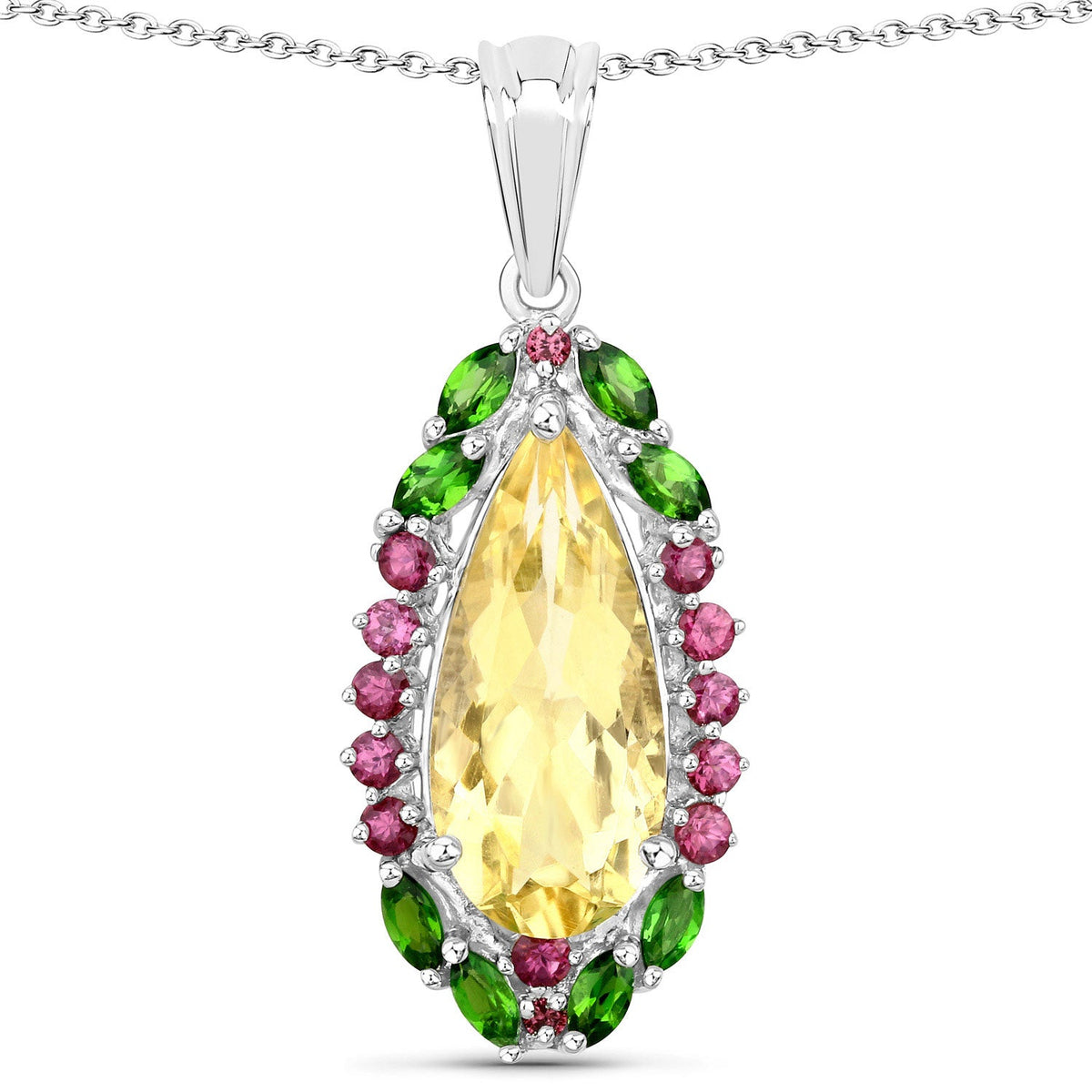 6.19 Carat Genuine Citrine, Chrome Diopside and Rhodolite Garnet .925 Sterling Silver Pendant