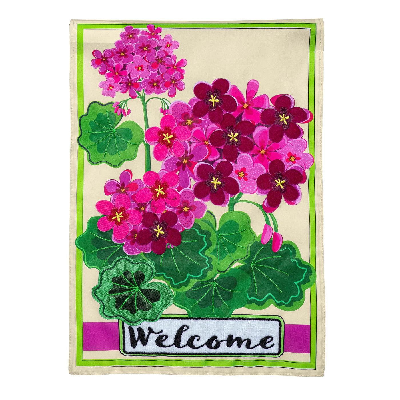 Pink geranium welcome applique garden flag with embroidered pink and magenta geraniums and lime green border