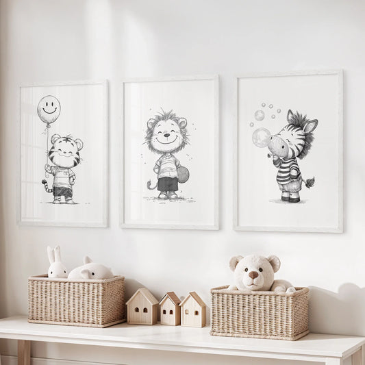 Black White Gender-Neutral Nursery Art Set. Lion Tiger Zebra