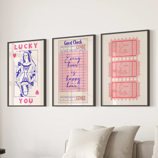 Guest Check, Playing Card Art. Retro Dopamine Set of 3 Prints