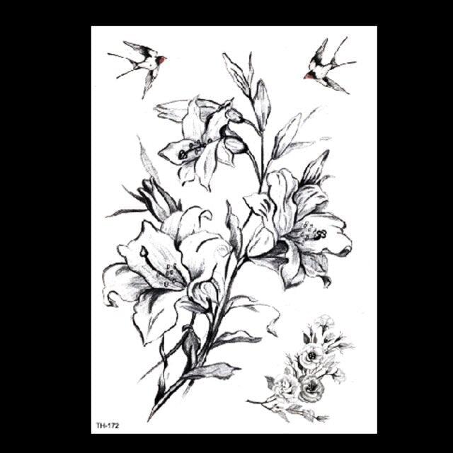 49 Sheets Waterproof Temporary Black Sketches Flowers Tattoo Stickers Flower Rose Tattoos For Women Adults