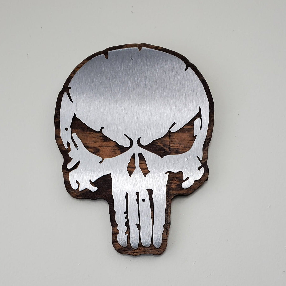 Distressed Punisher-Style Skull Metal Art on Wood