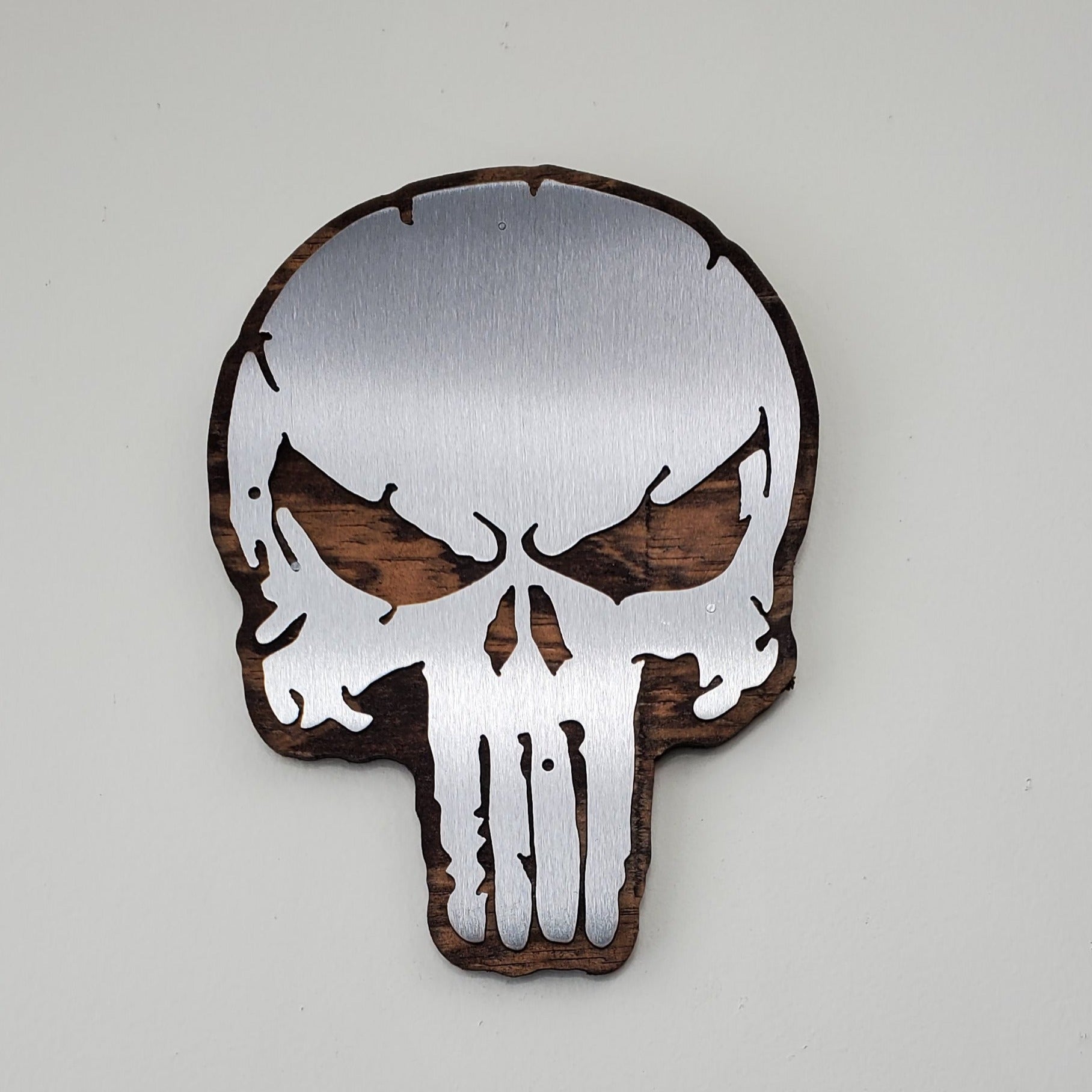 Distressed Punisher-Style Skull Metal Art on Wood