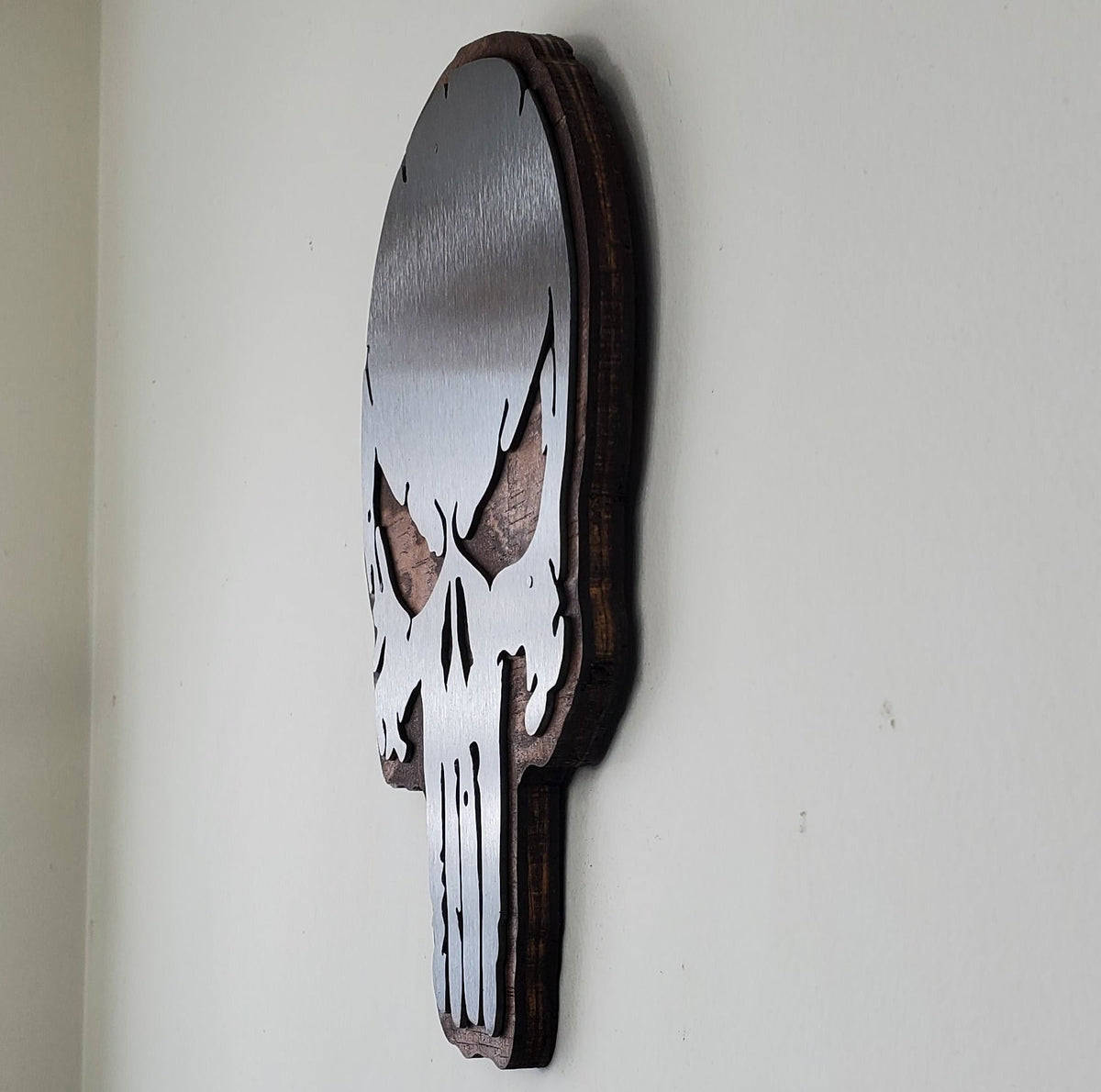 Distressed Punisher-Style Skull Metal Art on Wood