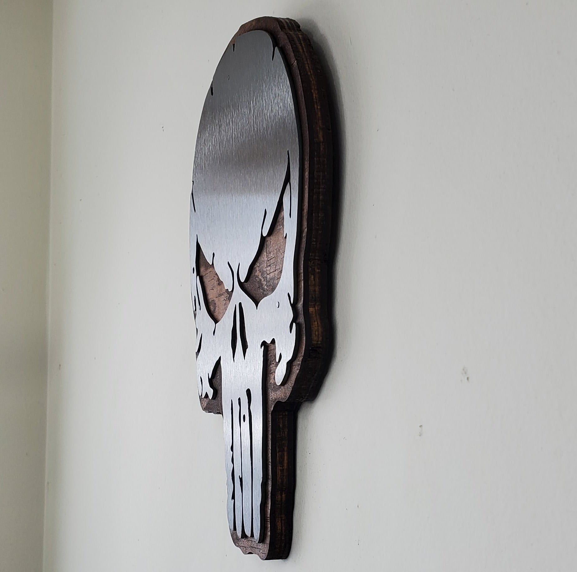 Distressed Punisher-Style Skull Metal Art on Wood