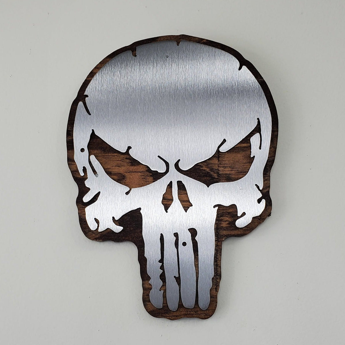Distressed Punisher-Style Skull Metal Art on Wood