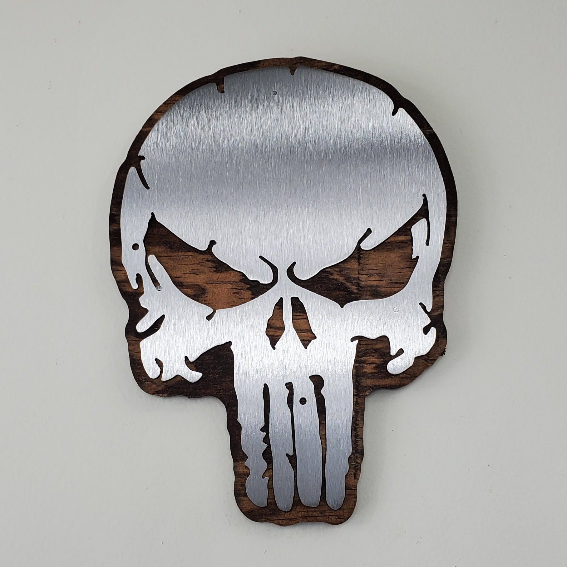Distressed Punisher-Style Skull Metal Art on Wood