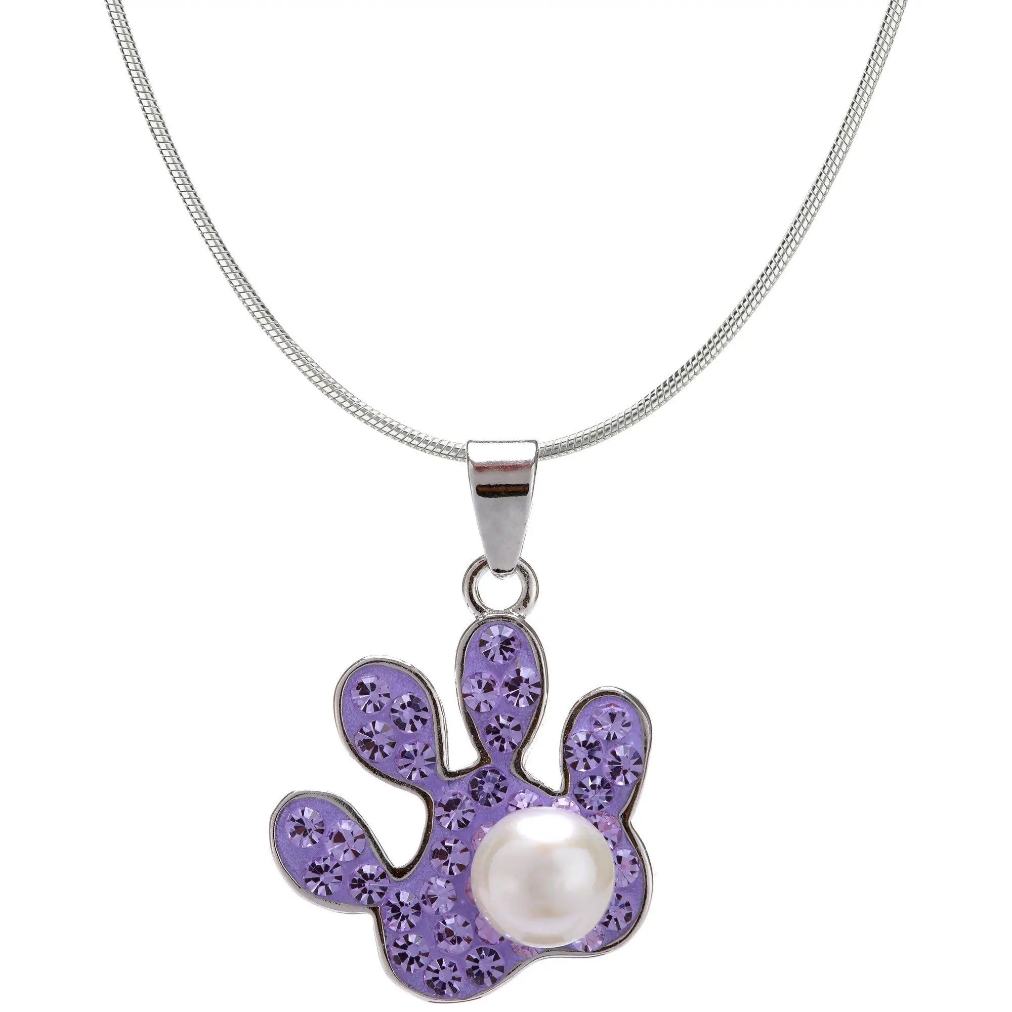 Purple paw and pearl sterling necklace featuring a purple handprint pendant with crystals and central pearl on silver chain