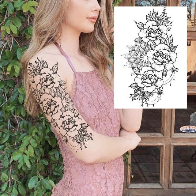 Realistic Big Flower Temporary Waterproof Sticker Tattoos For Body Painting Arm Legs Fake Black Rose Tattoos For Womens