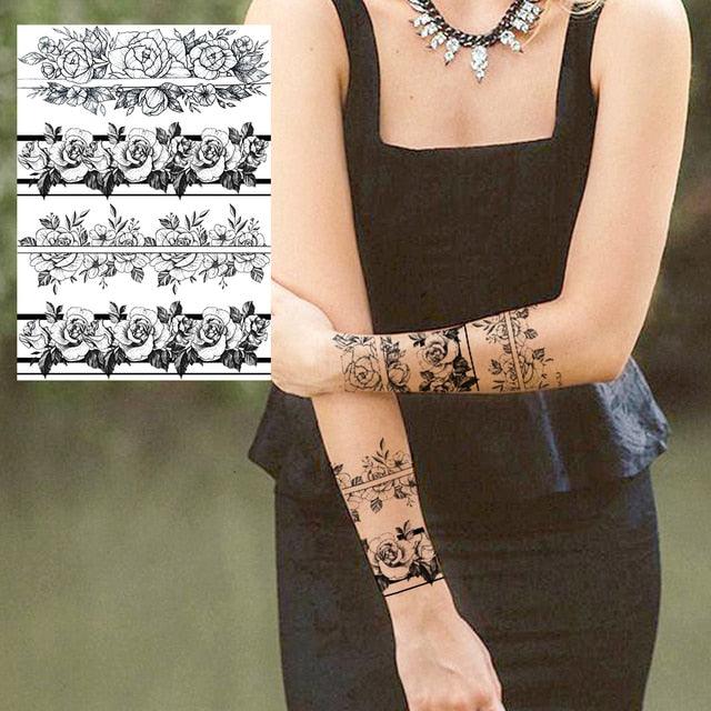 Realistic Big Flower Temporary Waterproof Sticker Tattoos For Body Painting Arm Legs Fake Black Rose Tattoos For Womens