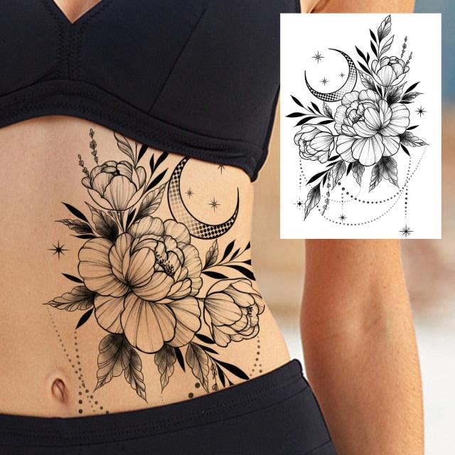 Realistic Big Flower Temporary Waterproof Sticker Tattoos For Body Painting Arm Legs Fake Black Rose Tattoos For Womens